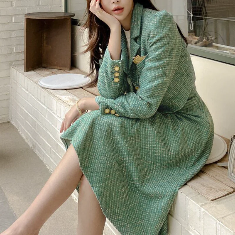 

Elegant Fashion Long-sleeved Lady Suit Jacket + Waist Skirt Korea Chic Small Fragrant Green Office Tweed Two-piece Women Set