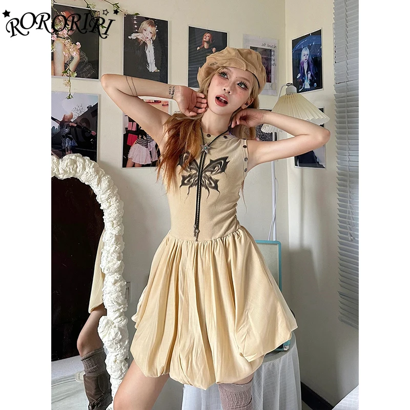 RORORIRI ผีเสื้อพิมพ์มินิเดรสผู้หญิงพังก์หมุดย้ำ O-คอแขนกุด SLIM FIT PUFFY BUD วันพีซ GREYU VINTAGE เสื้อผ้า