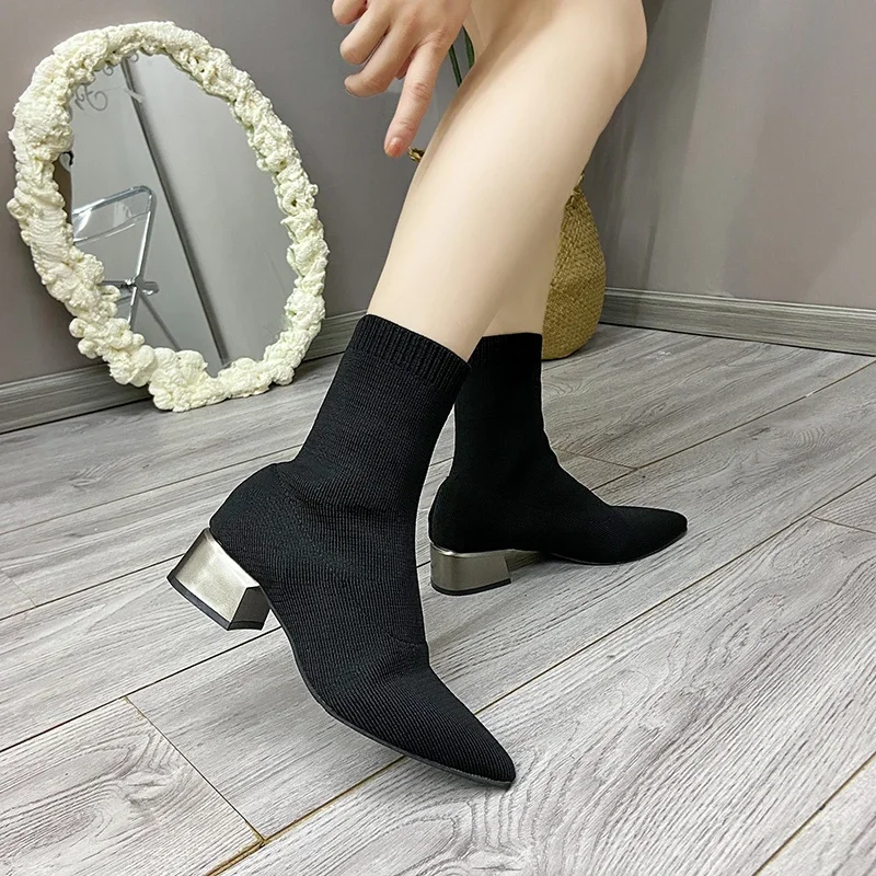 Women\'s Dress Shoes Sexy Pointed Mid Heel Short Women\'s Nude Boots Spring 2023 Knitted Sock Boots Botas De Mujer Black Boots