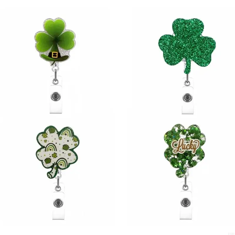 E8BE Patrick's Day Badge Holder with Metal Pocket Clip Badge Reels Clip Retractable Badge Reel for Nurse Doctor