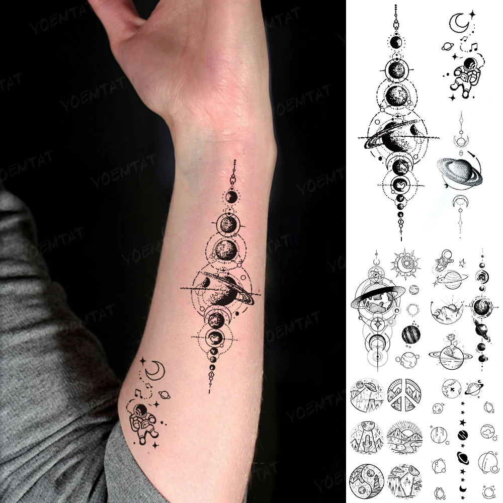 Tatuaje temporal a prueba de agua, pegatina de tierra, Galaxia, astronauta, estrella, Luna, Flash, tatuaje, muñeca, brazo, arte corporal, tatuajes