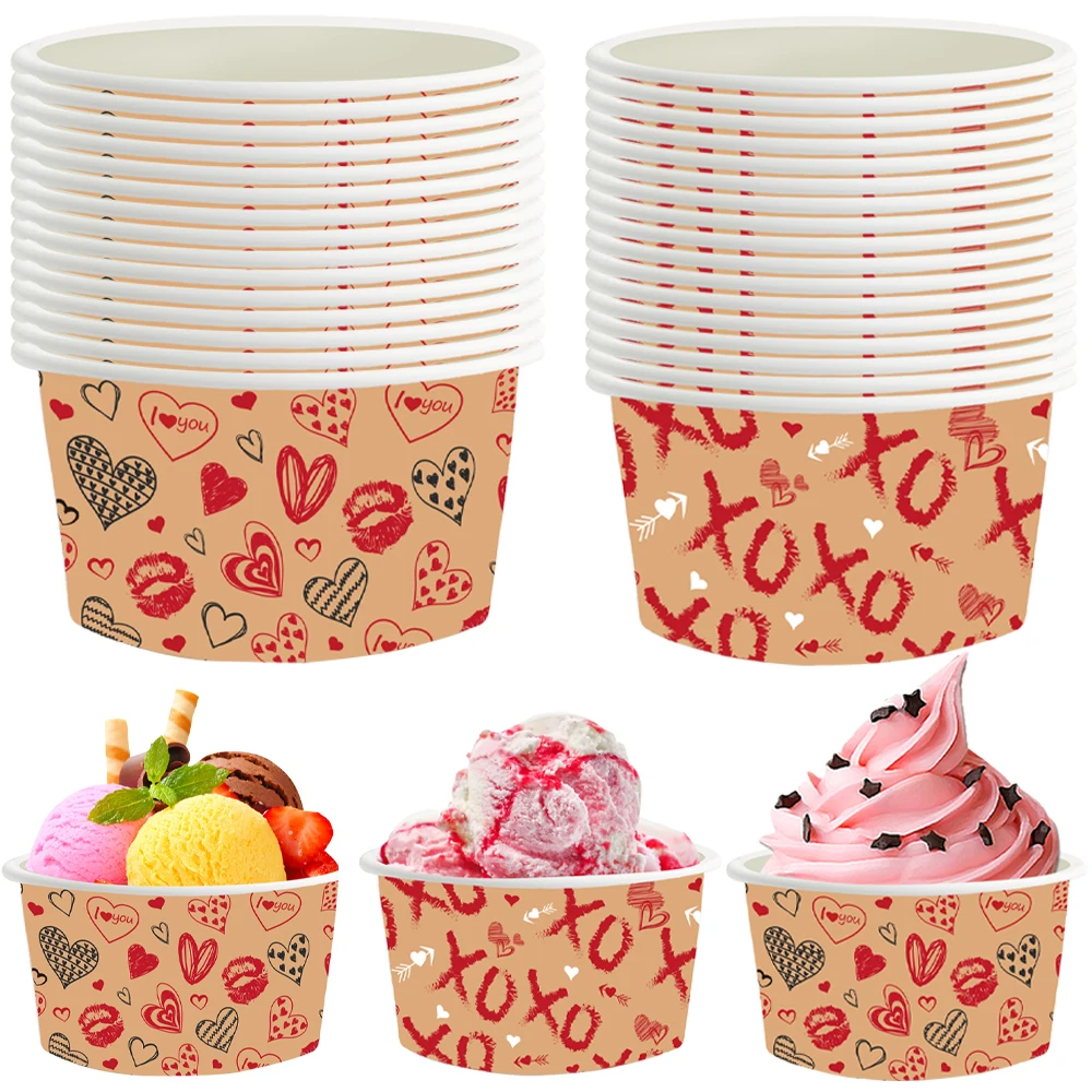 Vasos de papel desechables para helado con diseño de corazón XoXo, tazón de postre de papel, taza para aperitivos, decoración para fiesta de boda y San Valentín, 6-60 Uds.