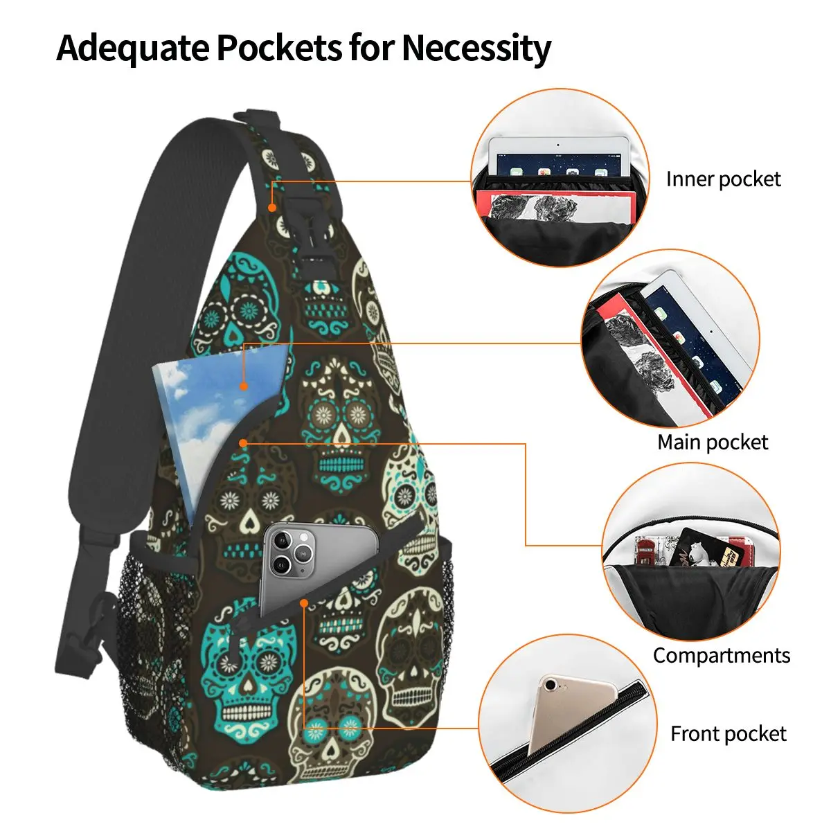 Hipster Death Skull Gothic Crossbody Sling Bag Bedrukt Borsttas Schouderrugzak Dagrugzak Voor Wandelreizen Boekentas