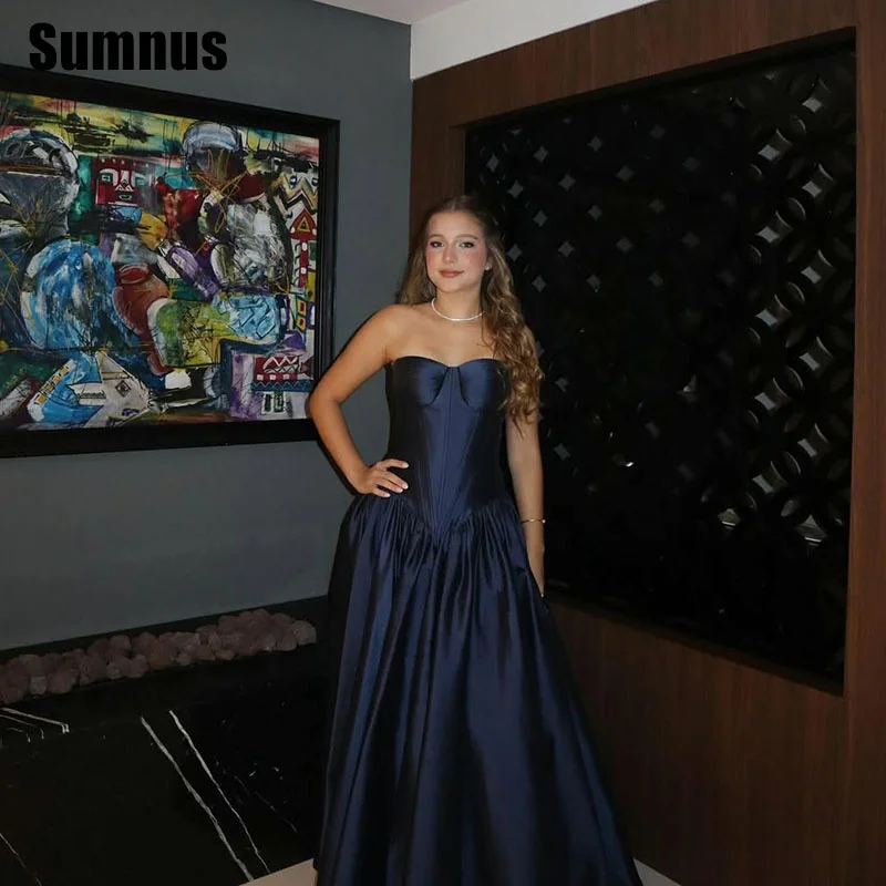 

Sumnus Simple A-Line Navy Blue Evening Dresses Strapless Draped Floor Length Formal Gowns فساتين سهرة Customized