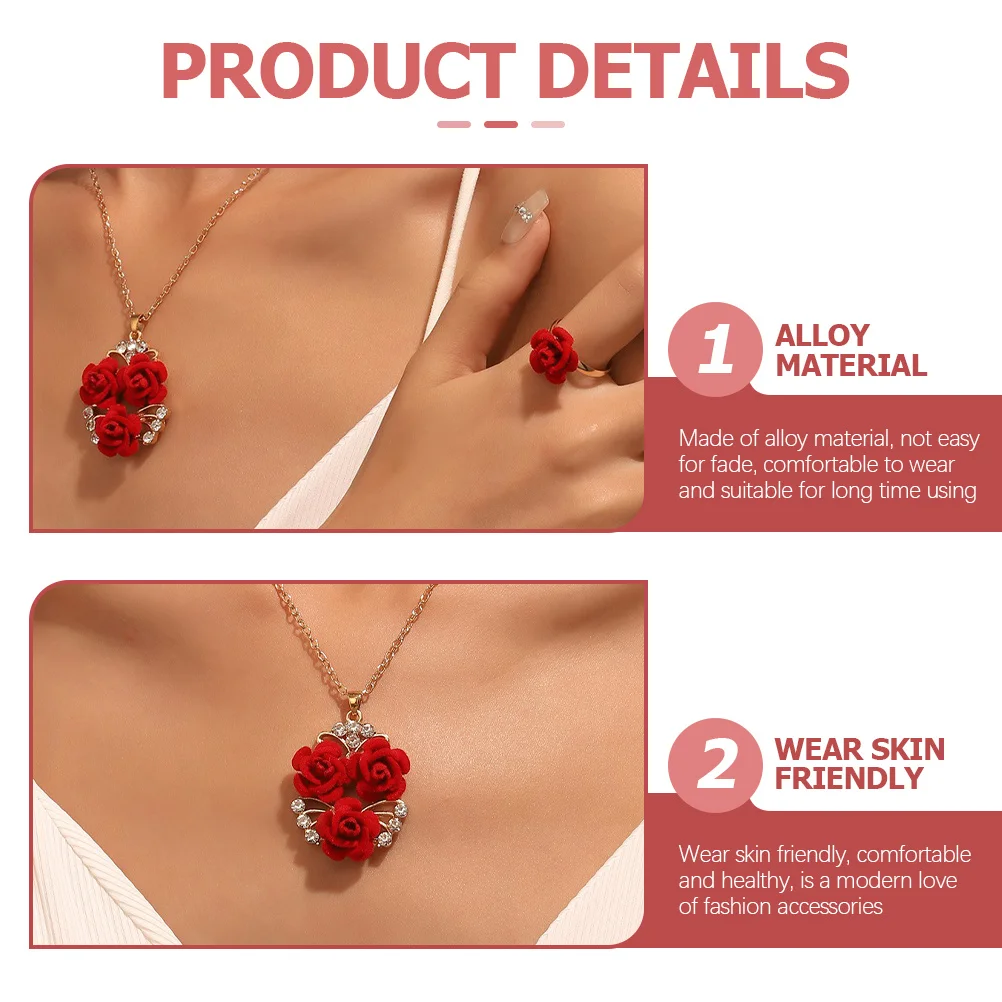 

1 Set Rose Necklace Earrings For Women Alloy Shine Jewelry Set Gift For Valentine Birthday Anniversary Wedding Party Red Dangle