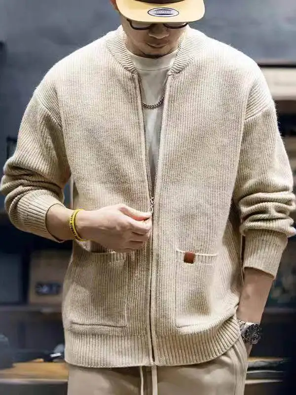 

Мужской плотный кардиган на молнии, свободный крой, в американском повседневном стиле, вязаная верхняя одежда, осенне-зимняя модная молодежная модель с длинным рукавом