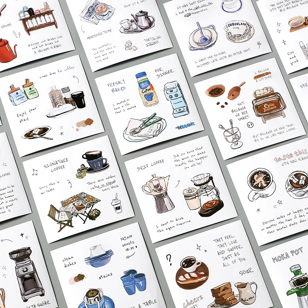 50 feuilles d'autocollants mignons pour papeterie, thème voyage, boulangerie, cafetière, aliments, pour décoration de carnets et journaux créatifs