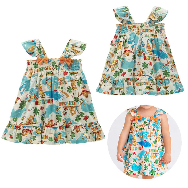 Kids Dresses for Girls Sundress Summer New Pockmarked Bear Resort Style Dress Strap Skirt