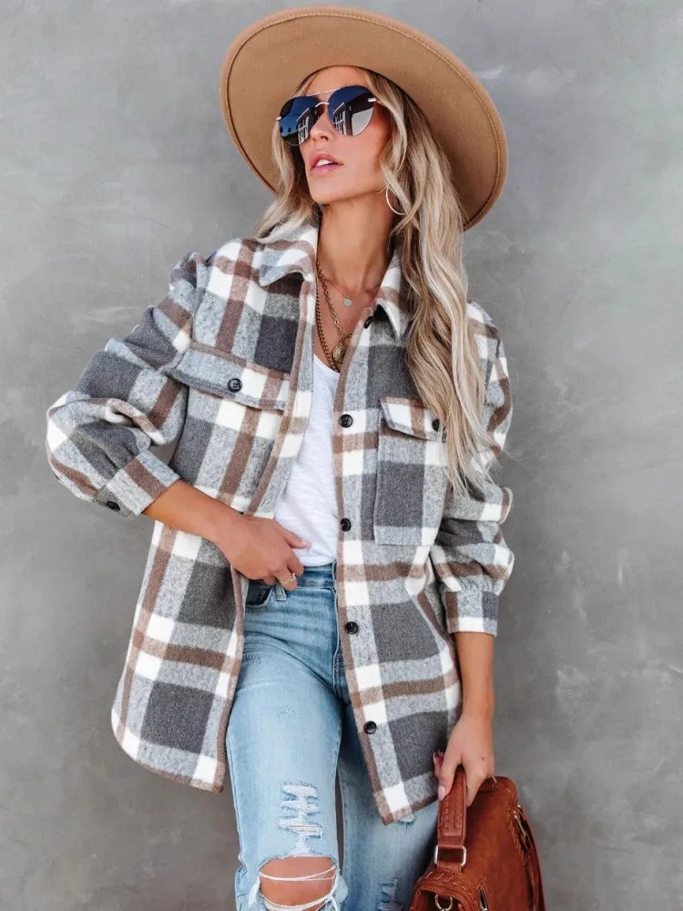 جديد Vintage المرأة المتضخم كم طويل منقوشة قميص بلوزة بلايز الخريف الشتاء زر أسفل فضفاض التلبيب جيب قميص الكورية نمط