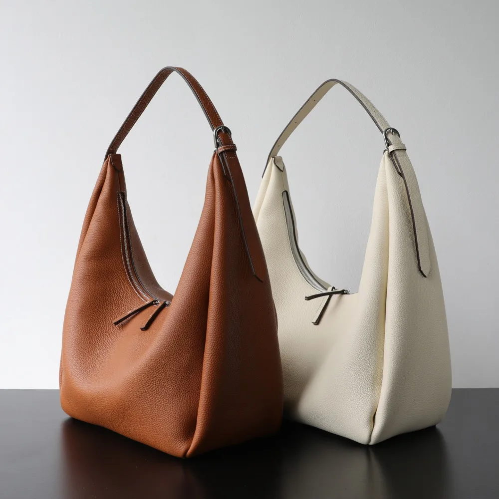 

Легкая роскошная большая вместительная гранулированная сумка из воловьей кожи первого слоя, универсальная пригородная сумка подмышками, простая повседневная сумка в форме полумесяца