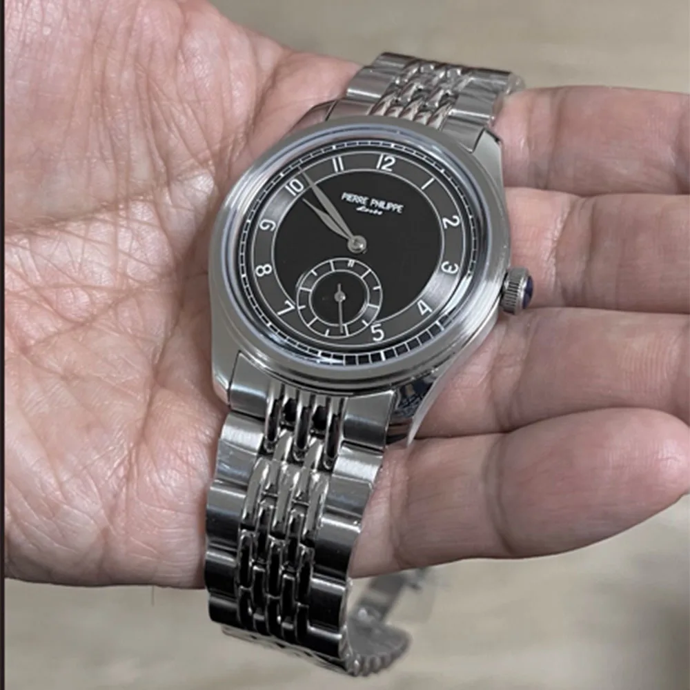 High-end men's 38MM watch black enamel dial ST17 manual mechanical watch leather waterproof view 4