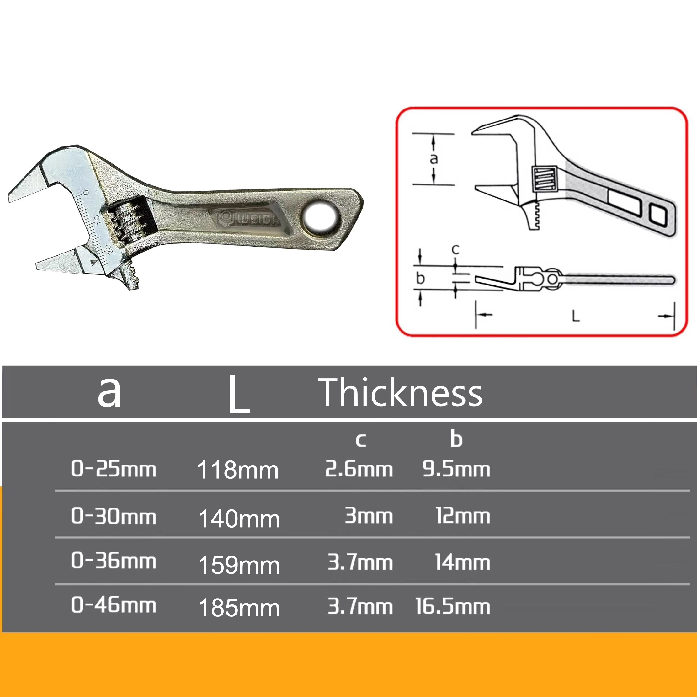 Ultra-Thin Adjustable Wrench Large Opening Short Handle Mini Monkey Spanner Laser Scale Rubber Coated Key for Motorcycle Tool