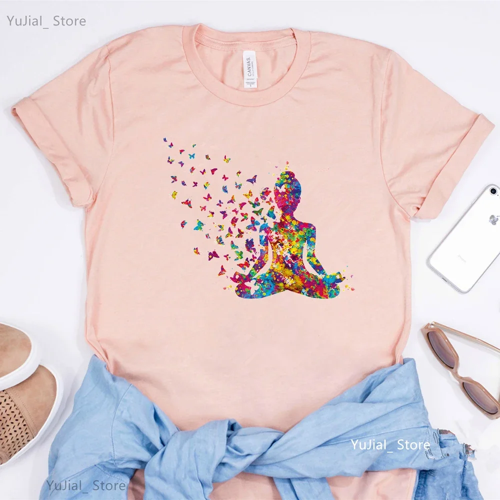 2024 Hot Sale Watercolor Meditation Bird Print T Shirt Women Breathe Chakra Symbols Yoga Pink/Gray Tshirt Femme Fashion T-Shirt