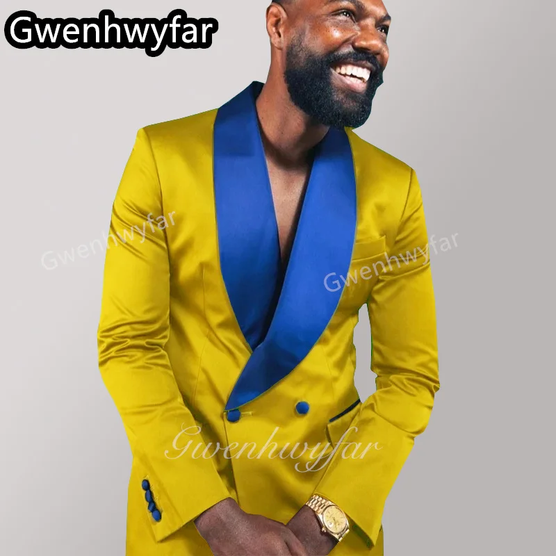 

Gwenhwyar Men's Yellow Satin Suit Fit Fashion Casual Business Blazer Double Breasted Jacket Pants Design Latest Groom Wedding