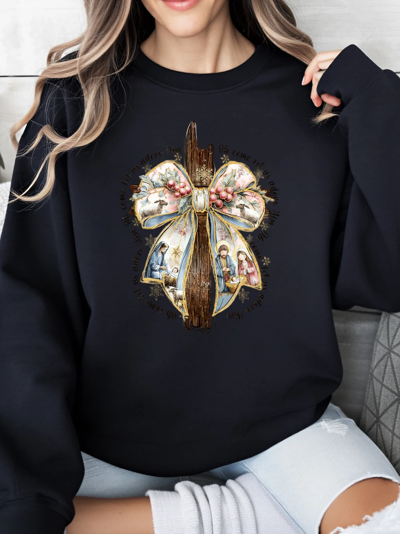 

Рождественский бант Рождественская сцена с принтом Праздничный свитшот Женская повседневная одежда Рождественская вечеринка Черный Большие размеры