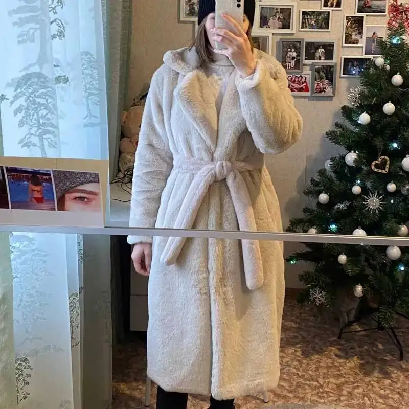 Winter Women High Quality Faux Rabbit Luxury Long Fur Coat Loose Lapel Overcoat Thick Warm Plus Size Female Plush Coats