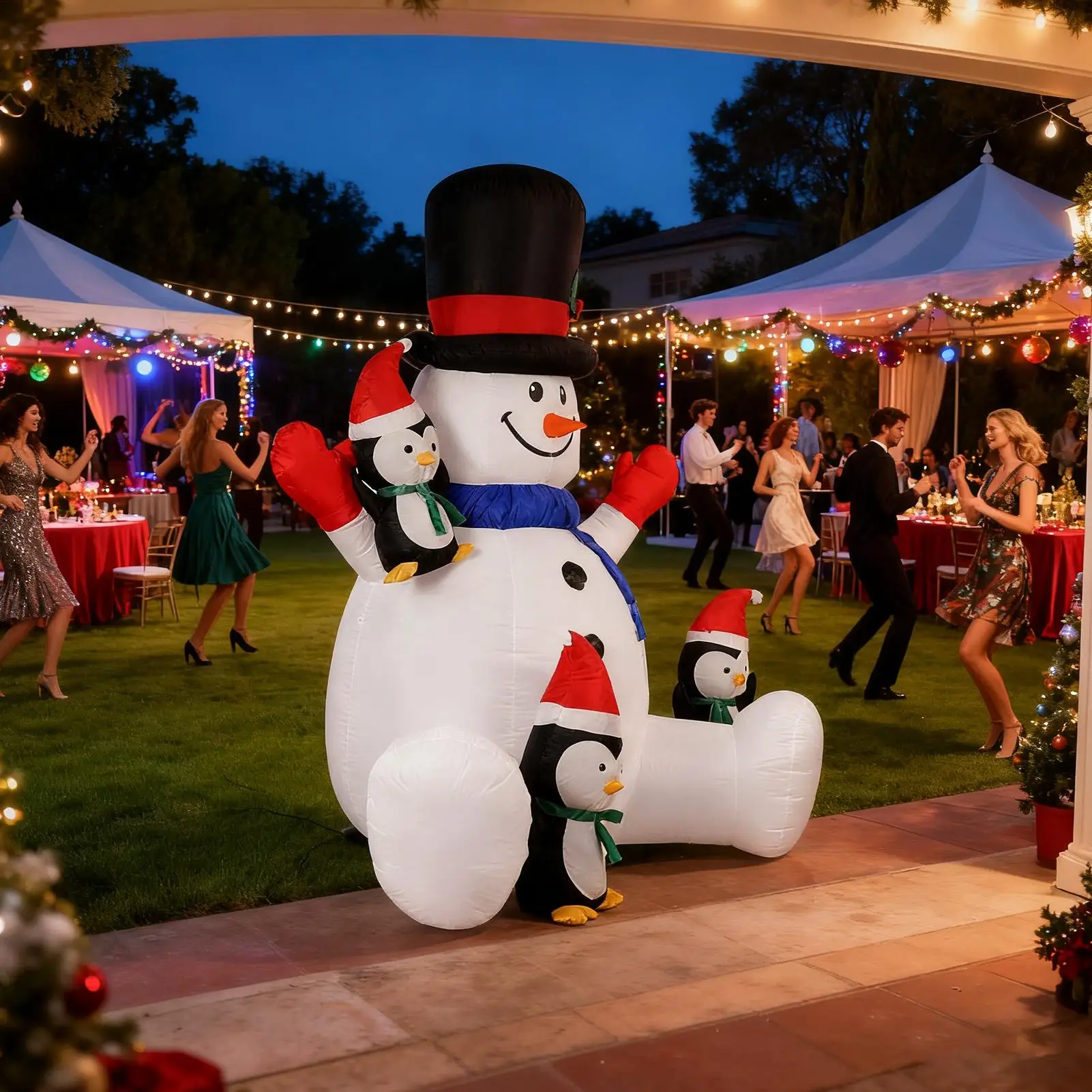 Christmas Snowman Inflatable RGB LED Lights Inflatable Holiday Decoration With 3 Penguins Blow Up Christmas Sitting Snowman For