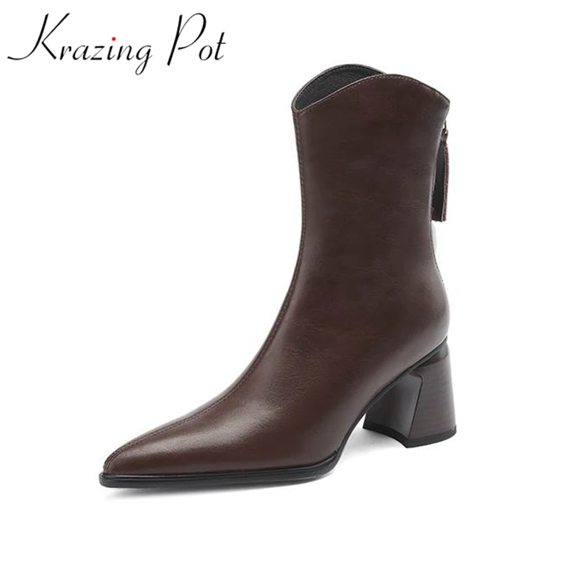 

Krazing Pot Cow Leather Pointed Toe Thick High Heels Winter Modern Boots British School Keep Warm Mature Beauty Lady Ankle Boots