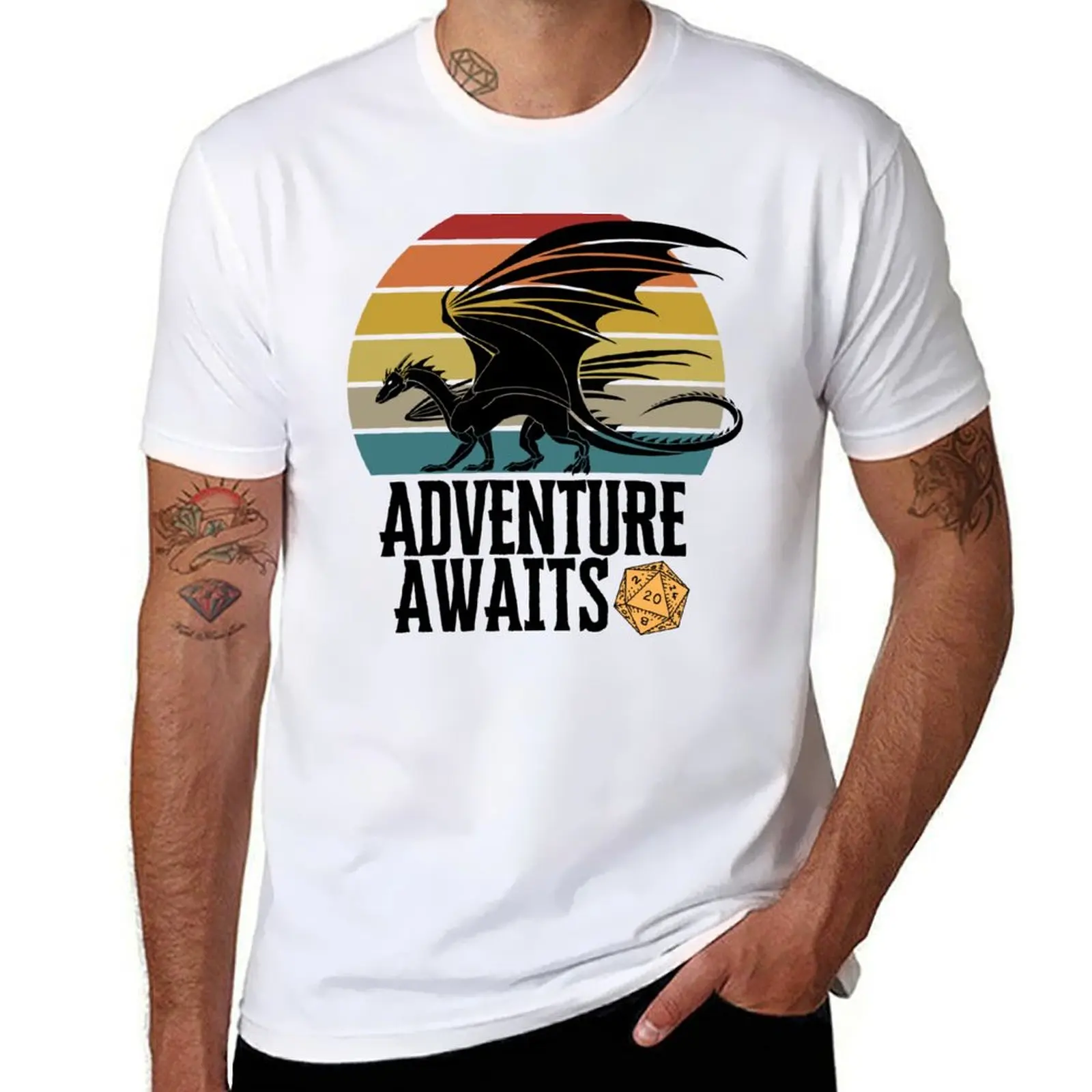 

DND Roleplaying, Retro Sunset with Dragon and D20: Adventure Awaits T-Shirt t shirt man luxury T-Shirt