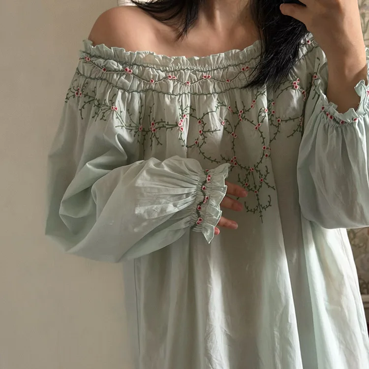 

100% Cotton Handmade Embroidered Nightgown Women Long Loose Beautiful Nightdress Fairy Sleeping Dress Vintage Pyjamas