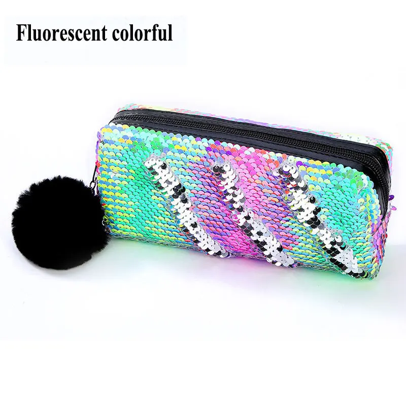 Estuche de lápices de lentejuelas brillantes Reversible con cremallera, caja de lápices de papelería escolar con bolas de pelo, bolsa de
