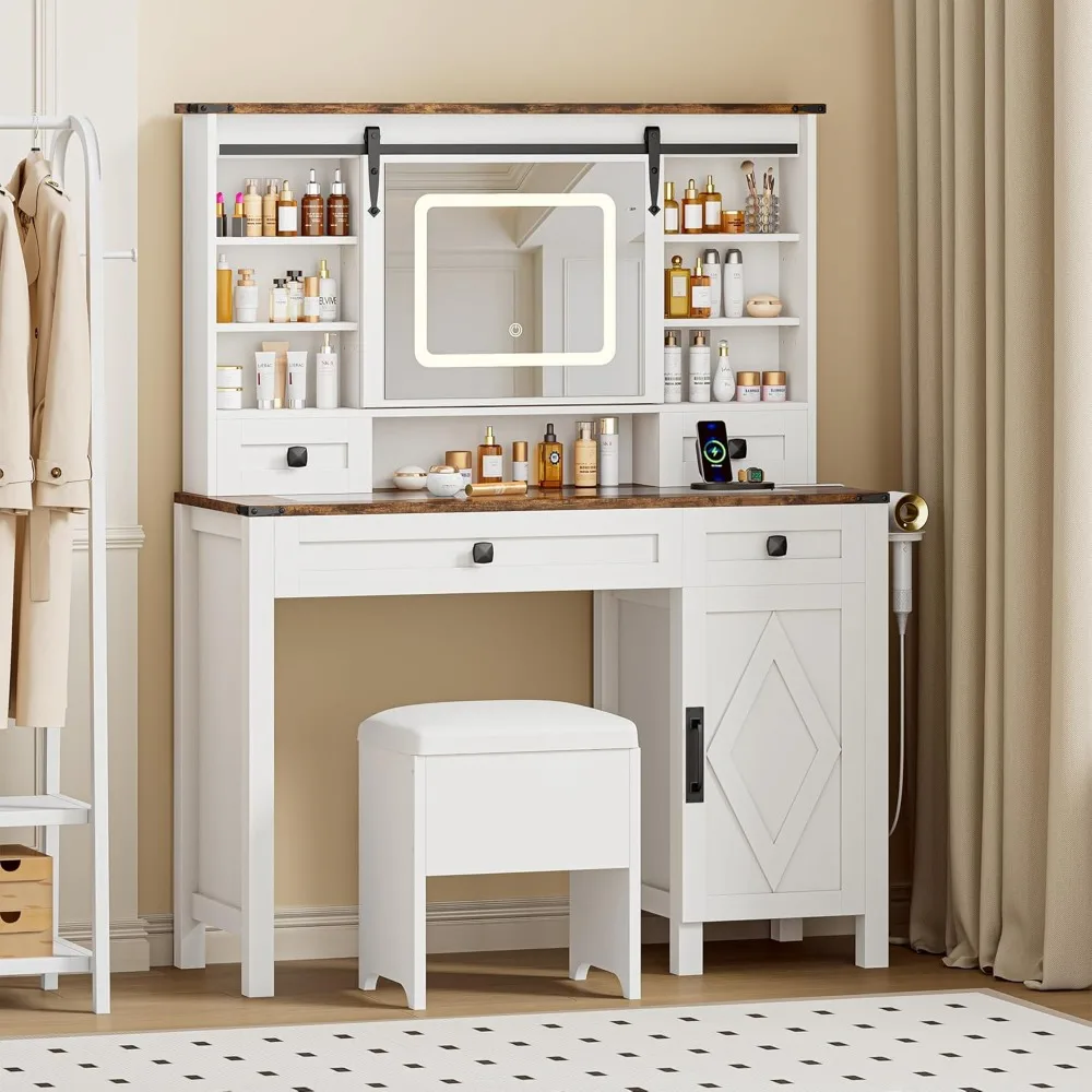 طاولة زينة للمكياج مع مرآة منزلقة، 3 ألوان إضاءة، مخرج طاقة، مكتب حديث على طراز المزرعة