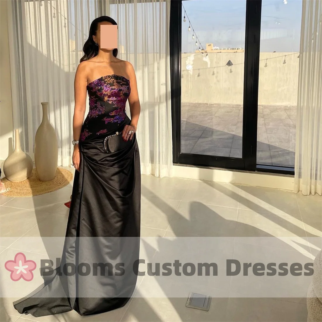 Customized Shiny Purple Textured Print Chic Evening Dresses Floor-length Strapless Satin Formal Prom Dress Black Party Gown