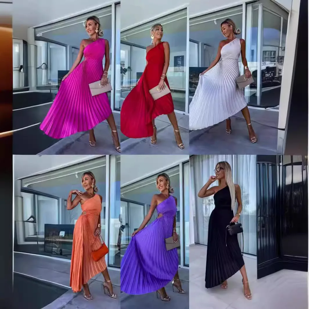 

Women's Clothing New Fashion Solid Color Casual Sexy Temperament Single Shoulder Oblique Collar Pleated Hollow Dress Long Dress