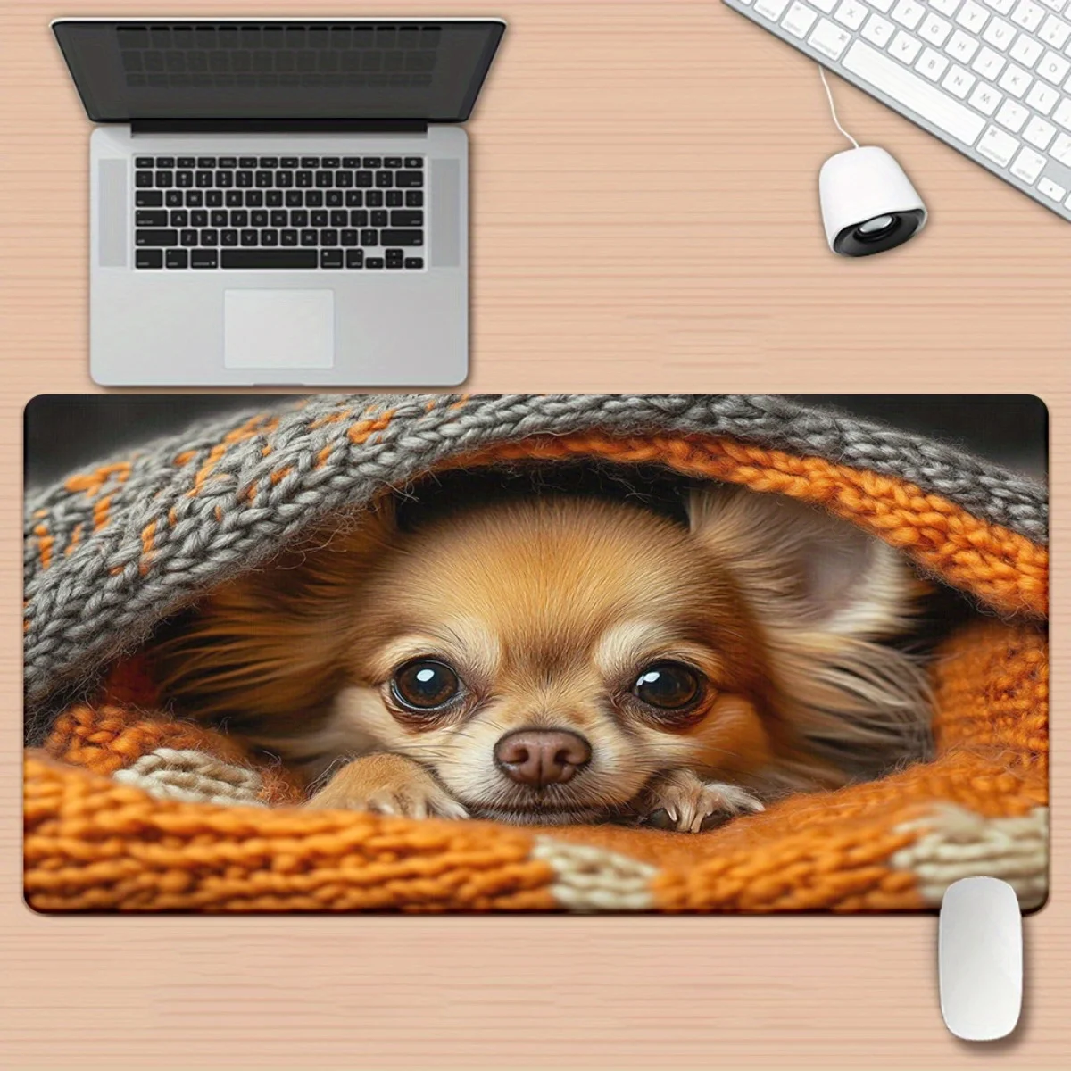 

Коврик для игрового стола (1 шт.), совместимый с ПК/компьютером - Нескользящая подставка для запястий с принтом уютного собачки в оранжевом одеяле, для клавиатуры