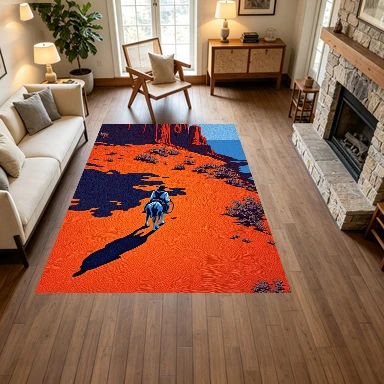 Western Cowboy Horse Desert Canyon Carpet Floor Red-Orange Pop Art Landscape Non-Slip Floor Carpet Suitable for Living Room Decoration