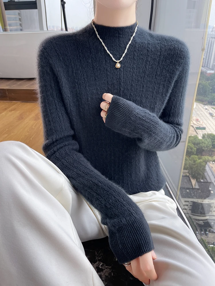 

Mock Neck Slim Fit Bottoming Sweater Cable Stitch 100% Cashmere Knitted Women's Pullovers Long Sleeve Basic Soft Warm Tops