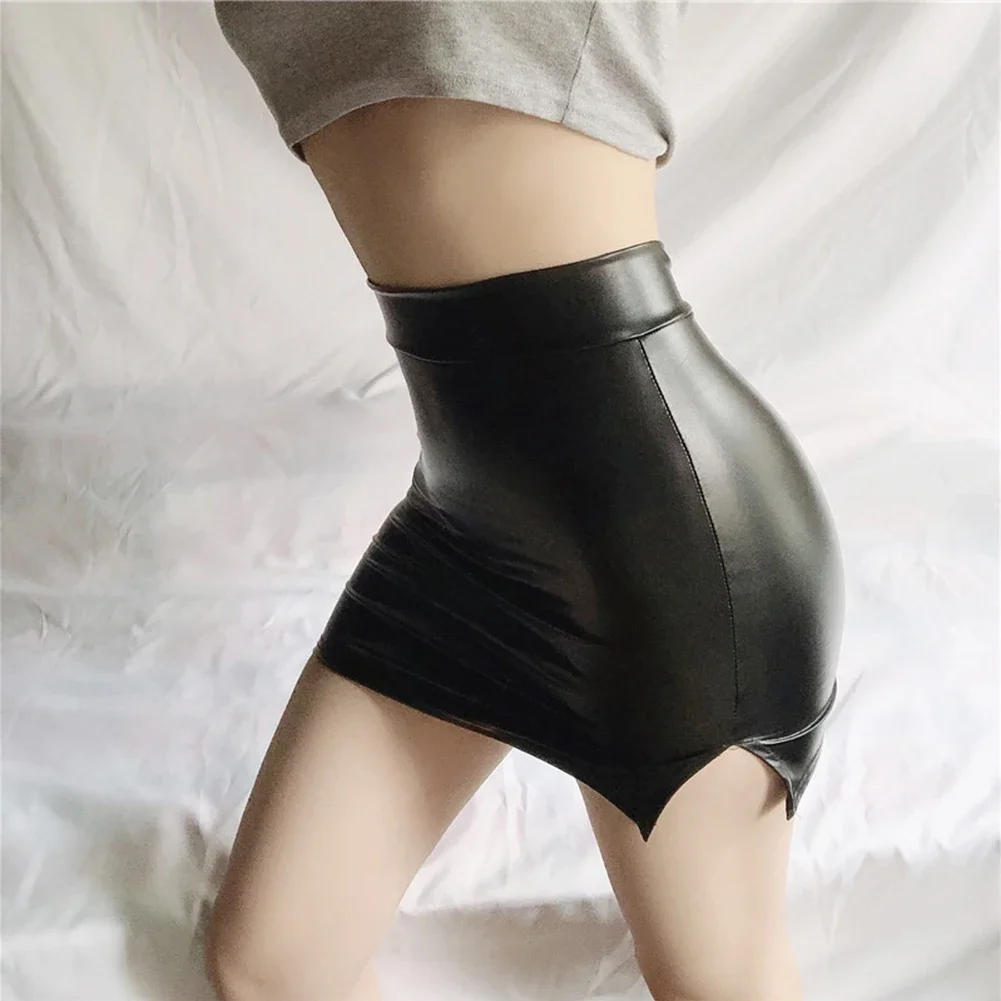 Mini Dress Women Skirt Daily Gloss High Quality High Waist Mini Skirt PU Leather Regular Slit Soft Solid Color