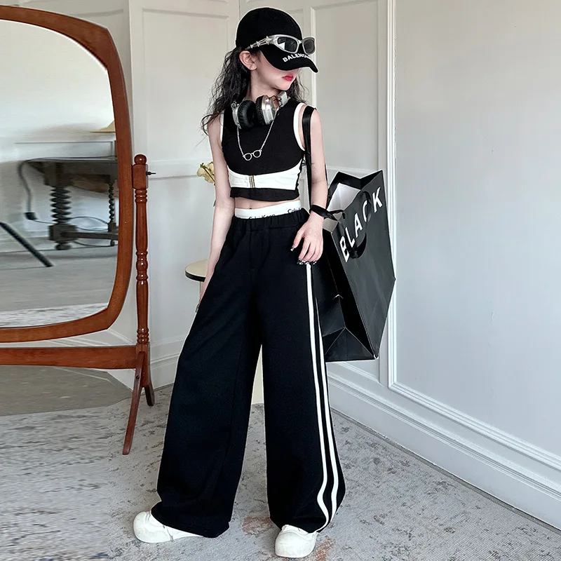 Girls' Summer 2025 Sportswear Set Contrast Color T-shirt & High Waist Striped Wide Leg Pants Children's Fashion Two-piece Outfit