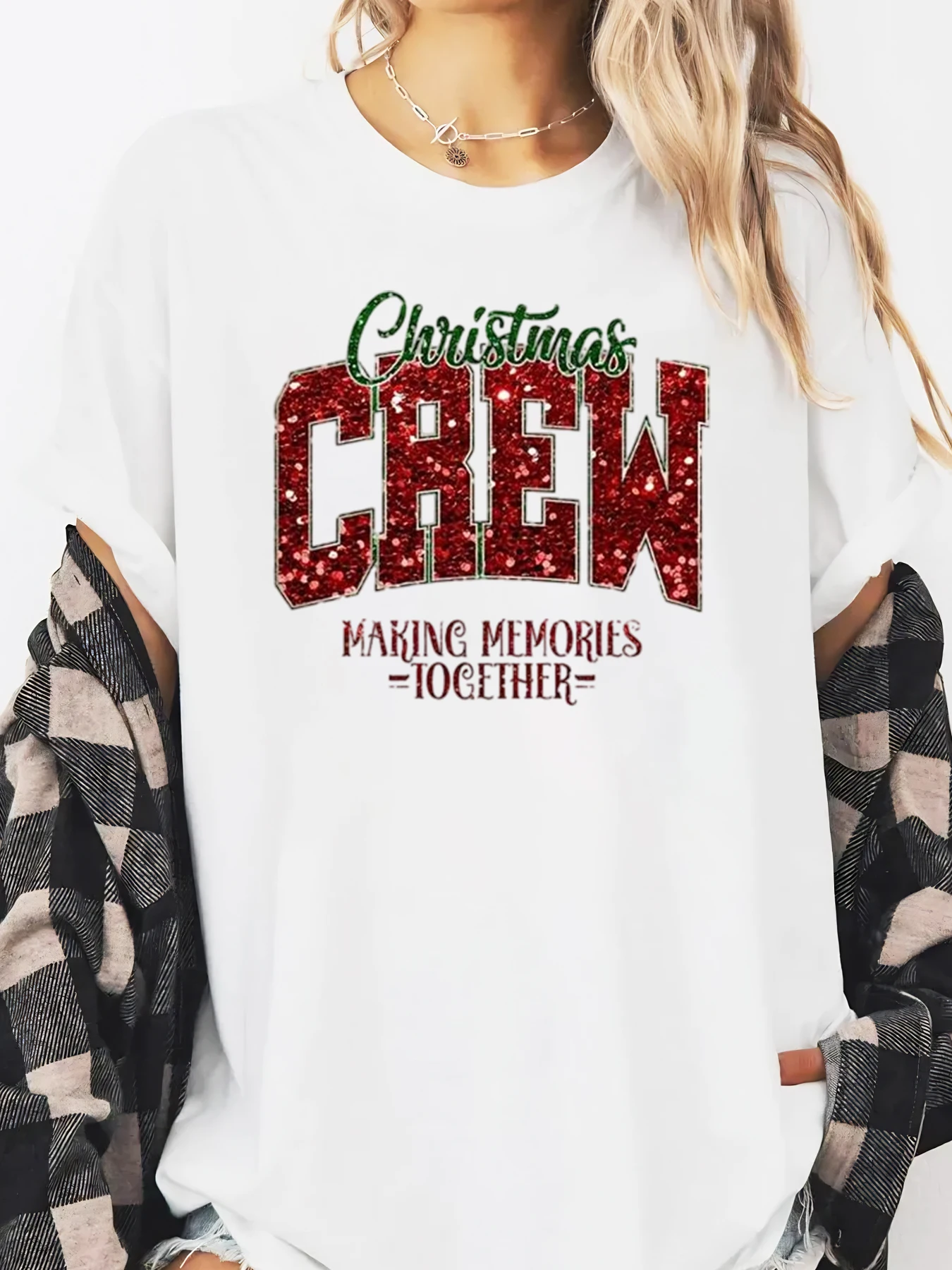 크리스마스 크루가 함께하는 추억을 만드는 프린트 크리스마스 긴팔 티셔츠 여성 가족 휴일 파티 화이트 플러스 사이즈
