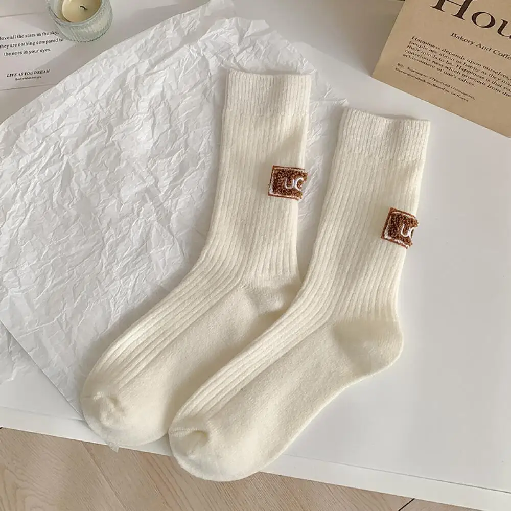 Winter Solid Warm Velvet Thickened Pile Socks Multicolored Embroidered Logo Mid-Calf Length Socks Brown Casual Cotton Socks