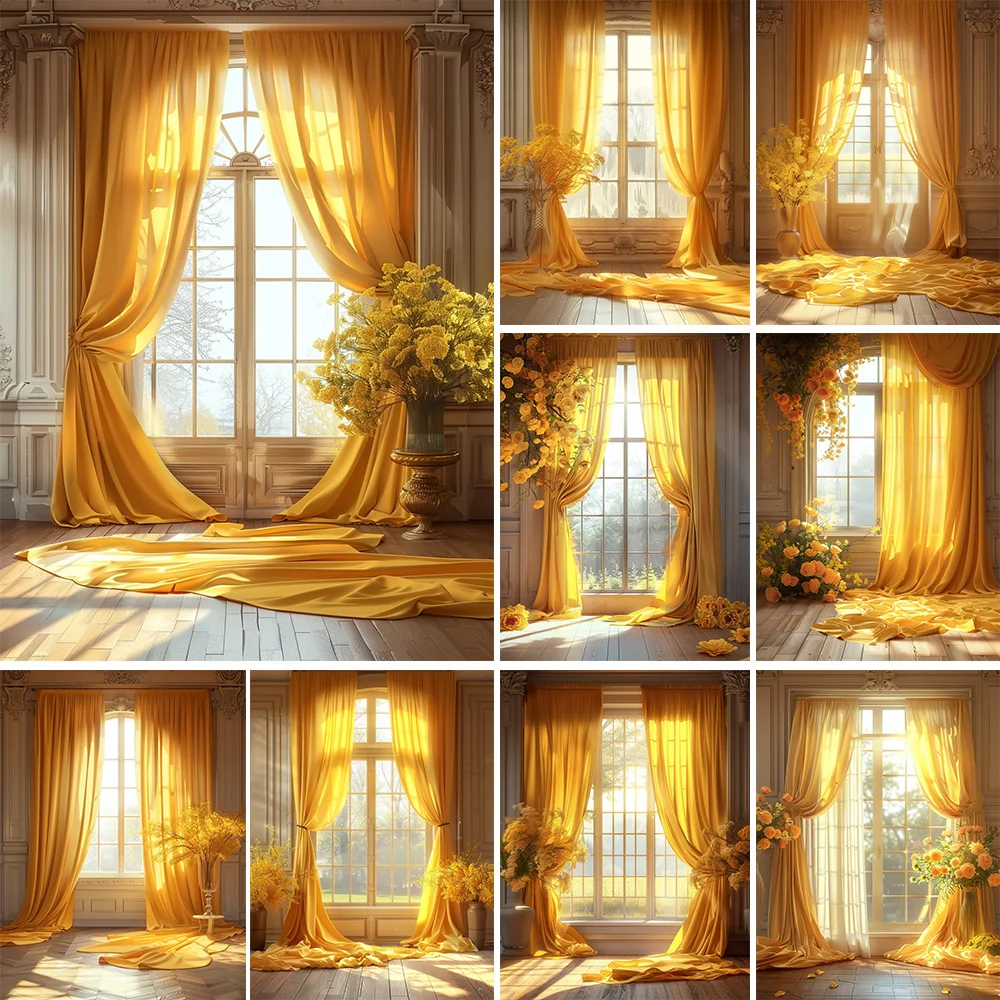 여아용 사진 배경, 결혼식 생일 파티 배경, 노란색 커튼 창 꽃 장식, 출산 예술 초상화 사진