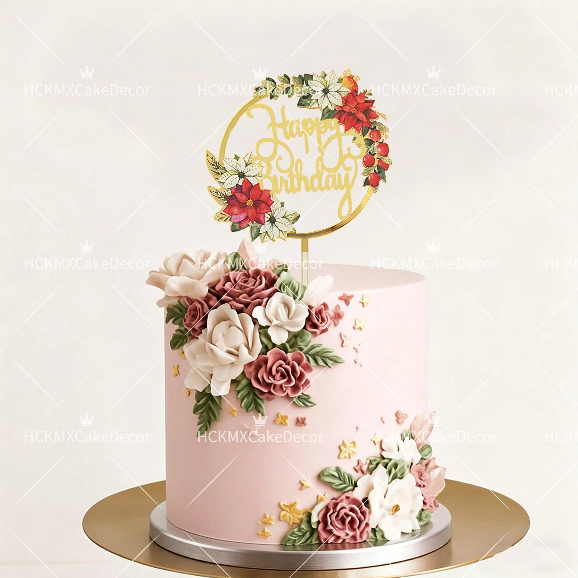 3-teiliger Blumenkranz Happy Birthday Tortendekoration Acryl Gold Spiegel Tortenstecker für Mädchen Frauen Geburtstagsparty Kuchendekoration – Detail 7