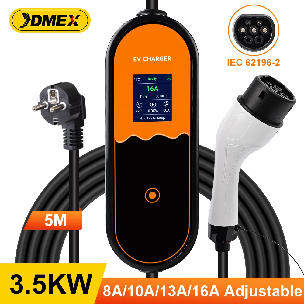 

JDMEX Type2 3.5KW Portable EV Charger 220V 8A-10A-13A-16A Adjustable IEC 62196-2 EVSE Charging 5M Length for Electric Vehicle