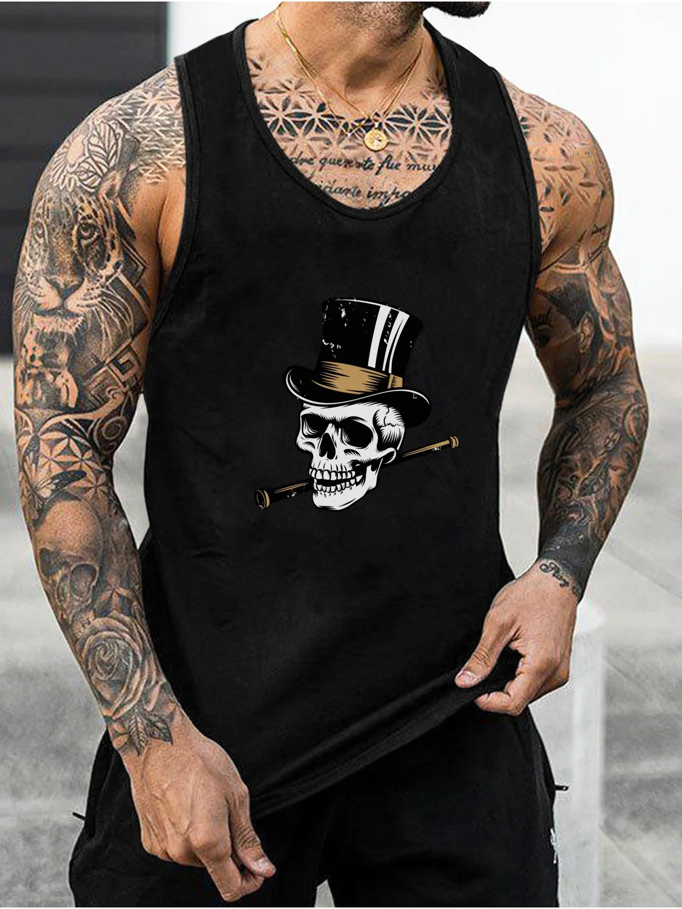 

Мужской жилет с принтом в виде силуэта черепа в ретро-стиле, дышащий и удобный спортивный топ без рукавов для занятий фитнесом.