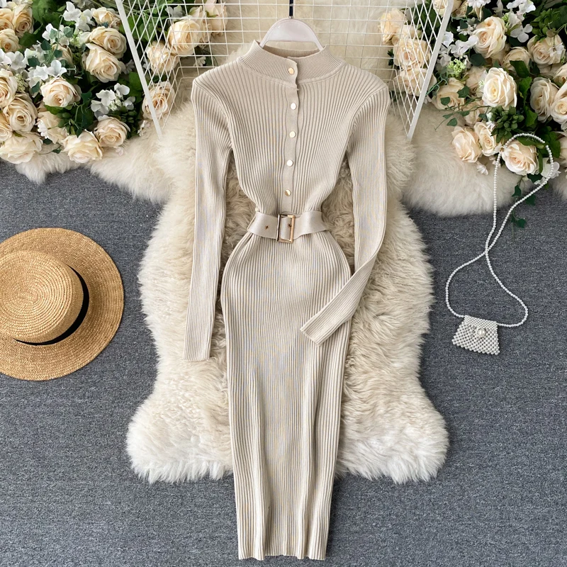 Elegant Sexy Single Breasted Stand Collar Long Sleeve Bodycon Dress French Stretch Knit Tight Vestido Slim Autumn Winter Dresss