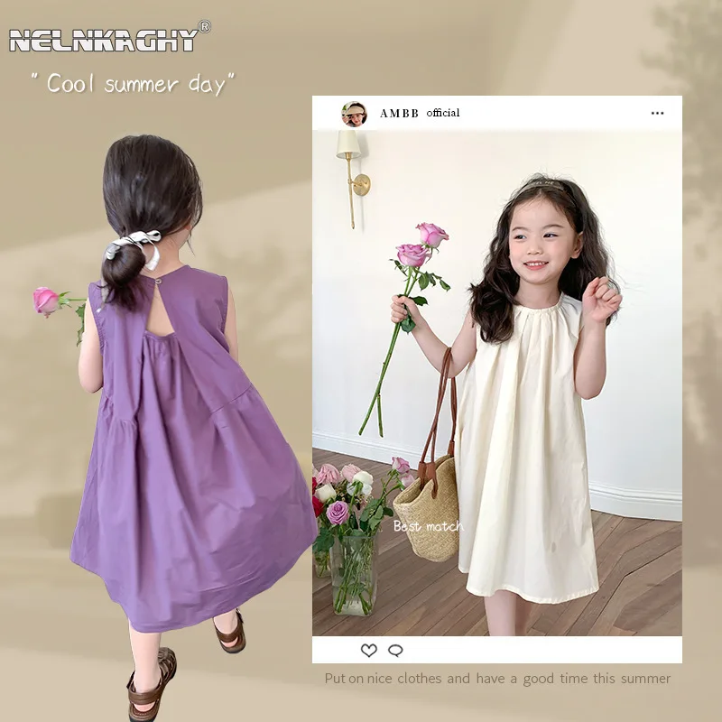 2024 Summer New in Kids Baby Girls Fashion Clothes - Children Sleeveless Solid Color Backless 100% Cotton Dresses , Toddler 2-7Y