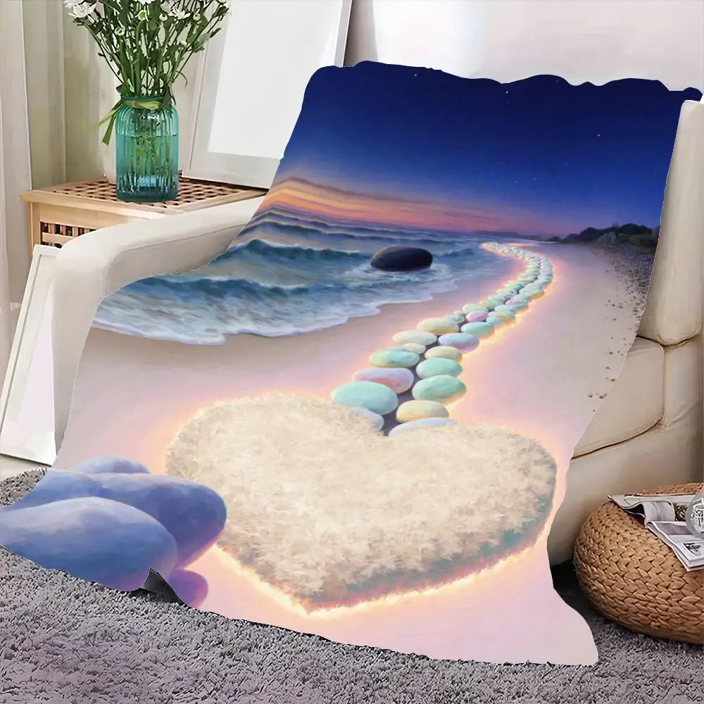 Cetakan Seni Pemandangan Pantai Senja yang Menawan - Gelombang Laut Surreal dengan Jalur Batu Pastel yang Bercahaya, Formasi Berbulu Berbentuk Hati & Putih