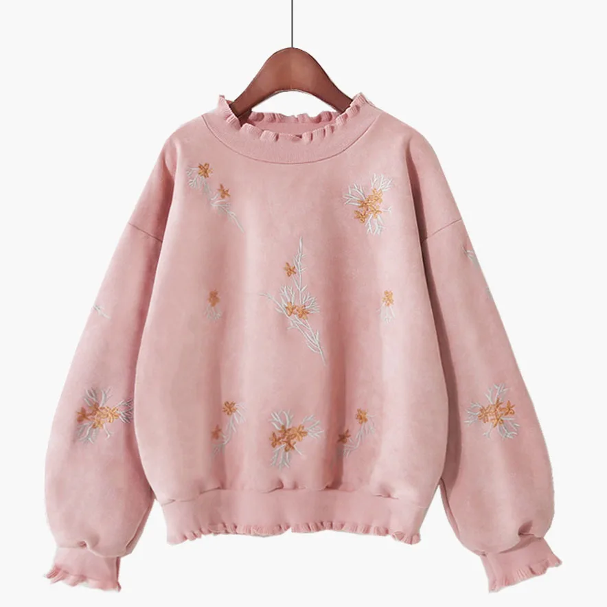 女性の花の刺繍セーターとプルオーバー、ランタンスリーブ、フリル、ルーズ、厚手の暖かいプル、冬のアウター、コートトップス