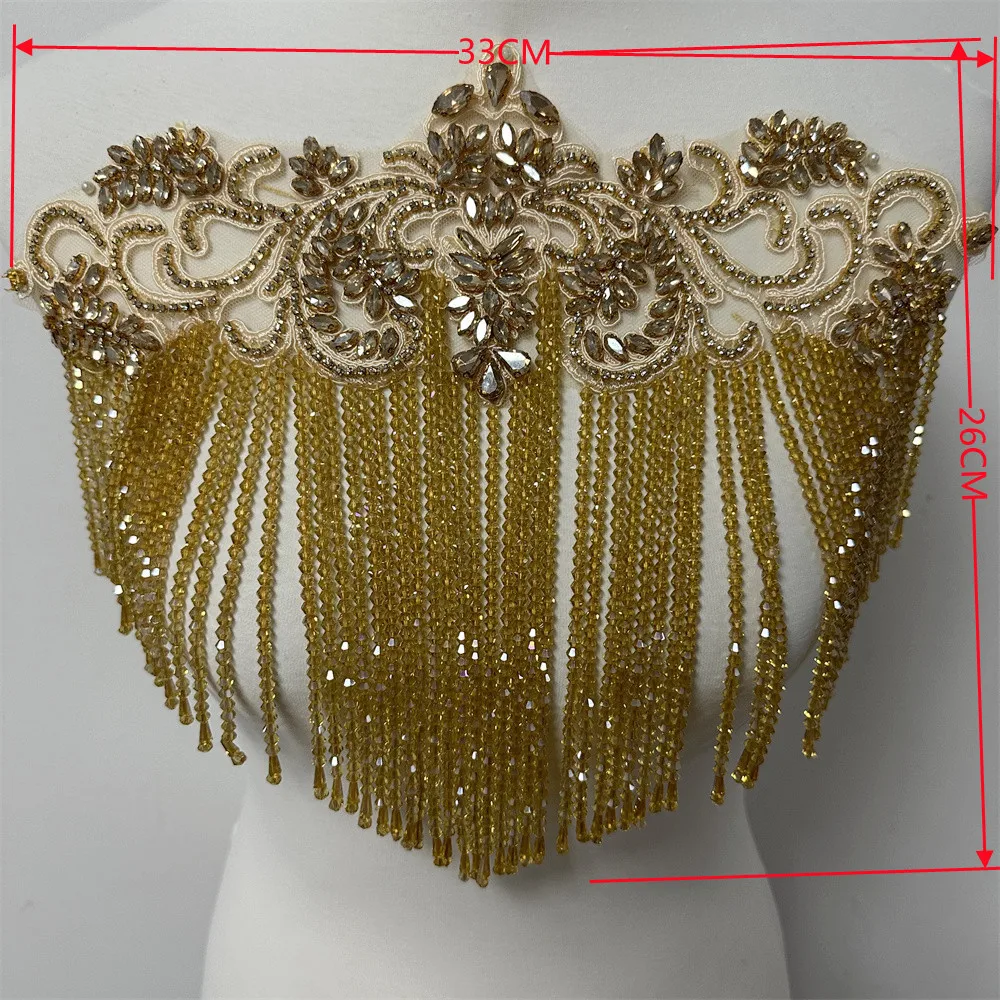 1PCS High quality Handmade Beaded rhinestones wedding patches with  tassels  appliques  for clothes decoration