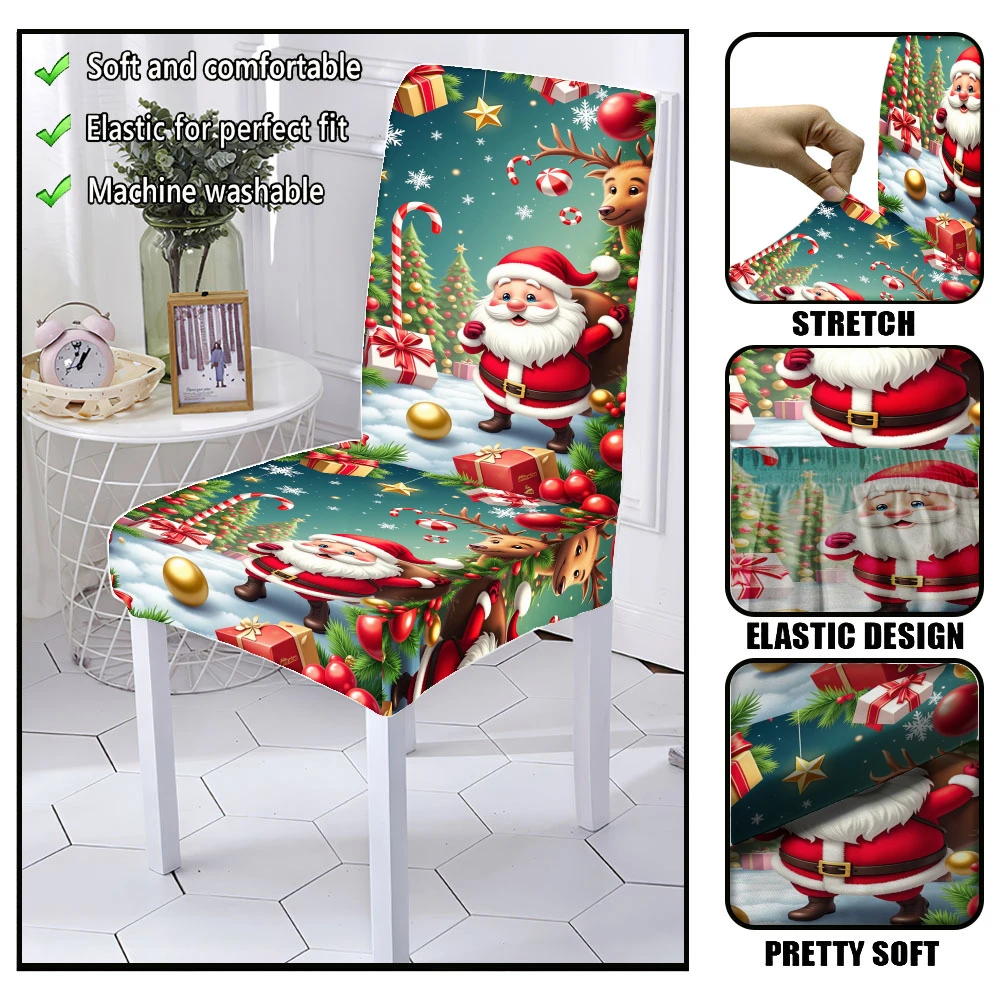 Bright Teal Cartoon Santa Claus Reindeer Candy Cane Star Gift Bauble Pattern Stretch Dining Chair Slipcover