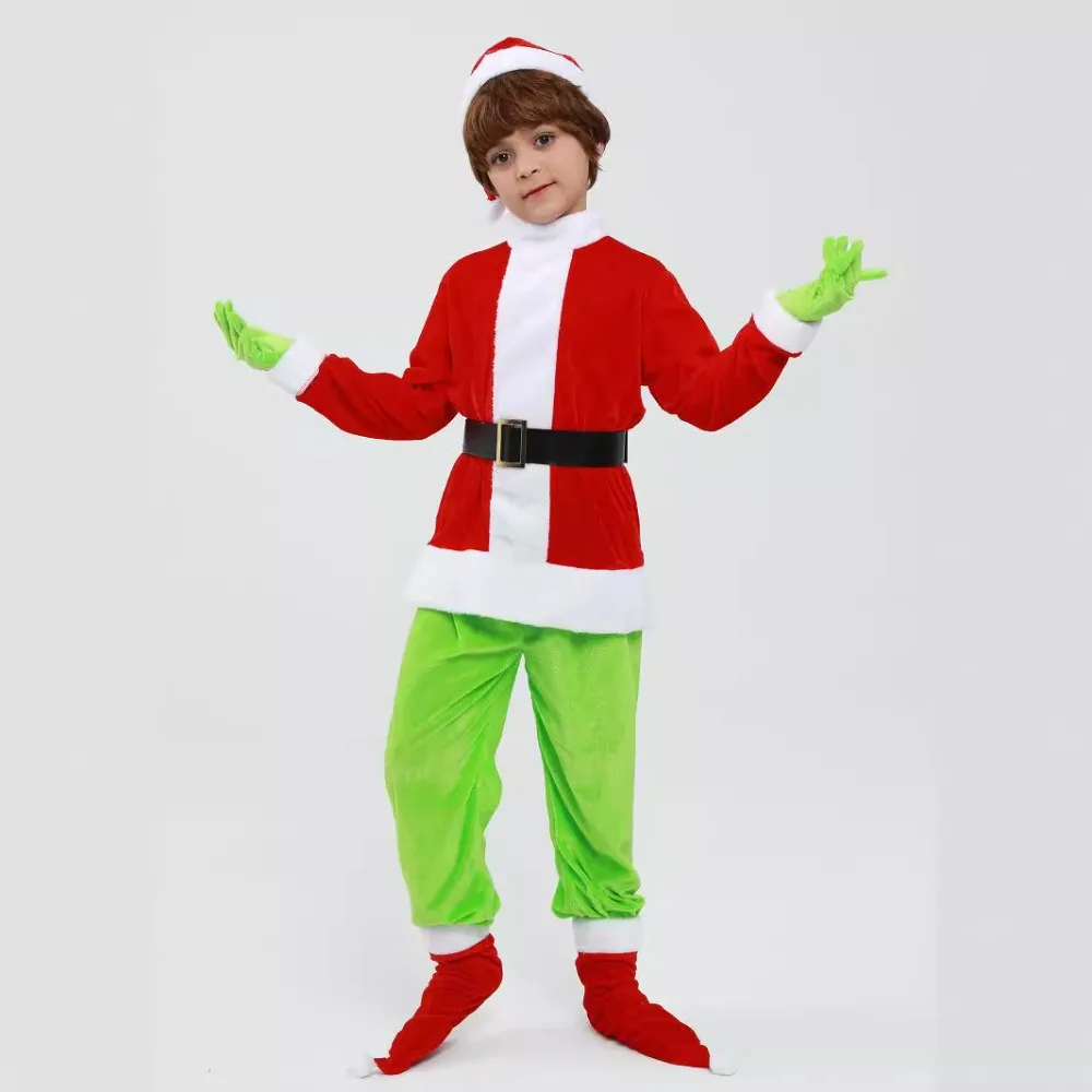 

Christmas Green Hairy Monster Children Cosplay Costume Santa Claus Coat Pants Hat Gloves Kids Role Play Suit Carnival Party