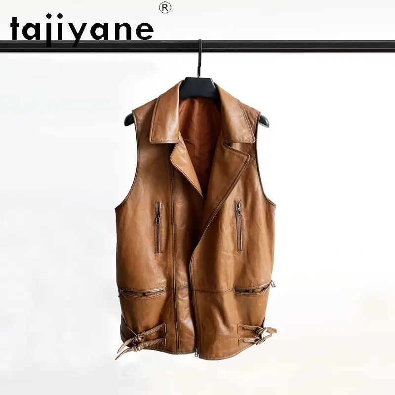 TAJIYANE Genuine Leather Jacket Women Mid-length Coats Slim-fit Sheepskin Motorcycle Jackets for Woman Sleeveless Jacket Jaqueta