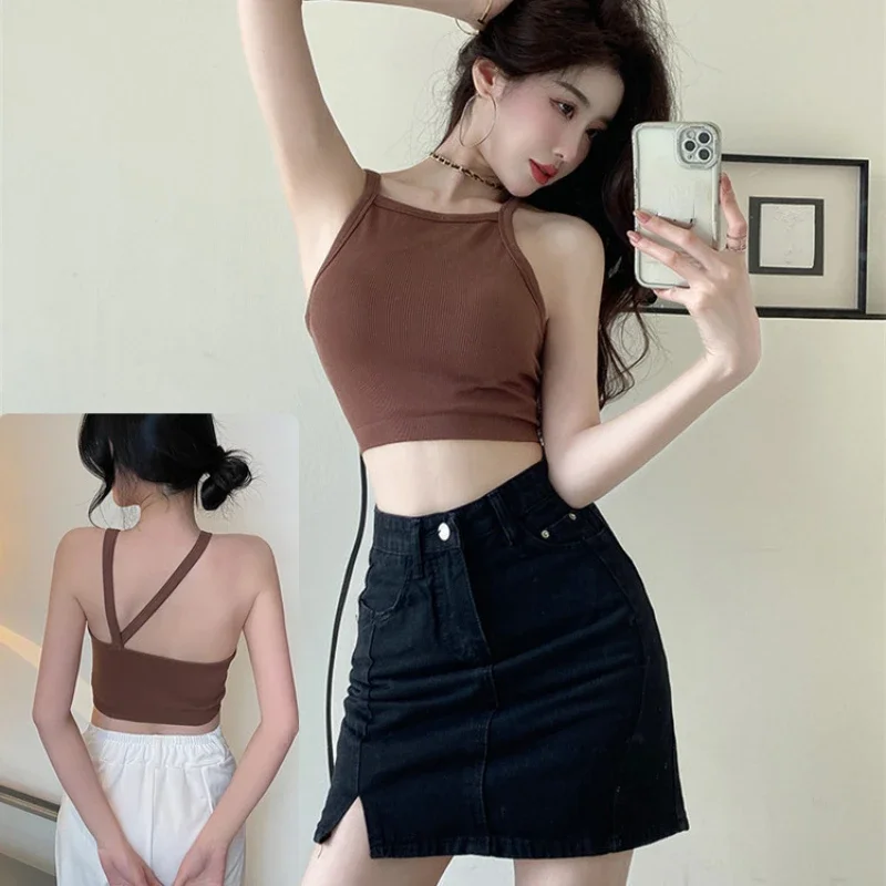 New Summer Vintage White Vest Bras Women Biker Black Punk Sexy Tank Top Korean Streetwear Cropped Sleeveless Crop Tops Women