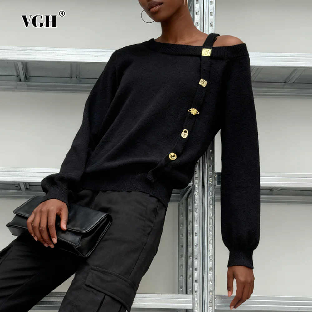 

VGH Design Sense Solid Spliced Button Sweaters For Women Diagonal Collar Long Sleeve Slimming Casual Sweater Female Fashion New