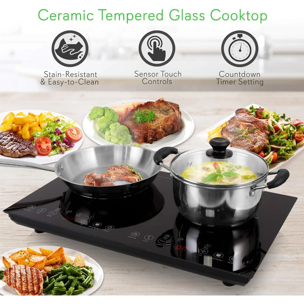 Electric Induction Cooker, 120V 1800w Portable Digital Ceramic Double Burner Cooktop, Kids Safety Lock, Induction Cooker